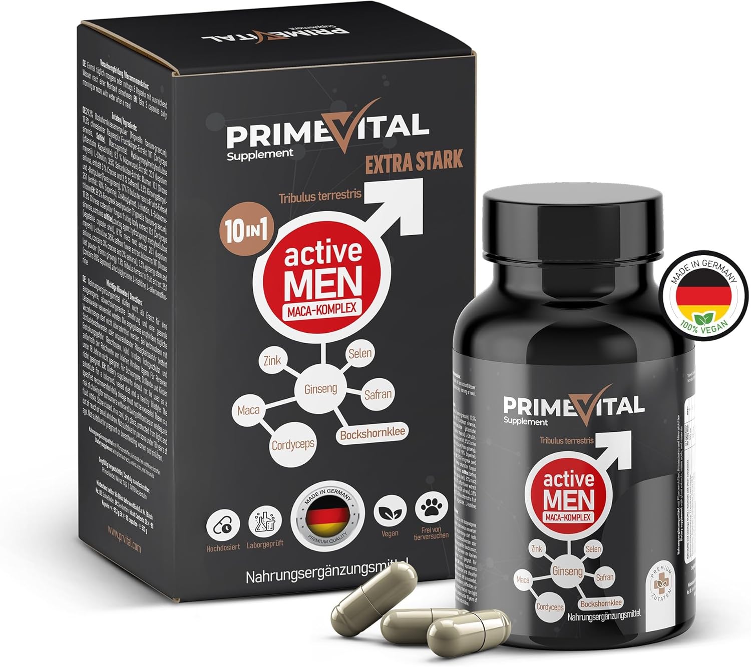 Ausdauer & Energie – Maca Capsules High Dose I Men's Testosterone¹ I Active Men I Maca with Tribulus Terrestris, Cordyceps, Fenugreek, Zinc, Ginseng, Saffron, Selenium - 90 Kps.