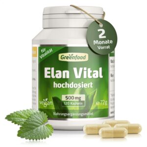 Ausdauer & Energie – Elan Vital, high dose, 500 mg, 120 capsules. With maca, L-arginine, tribulus and zinc - for testosterone, fertility, desire for children. Without artificial additives. Laboratory tested. Greenfood.