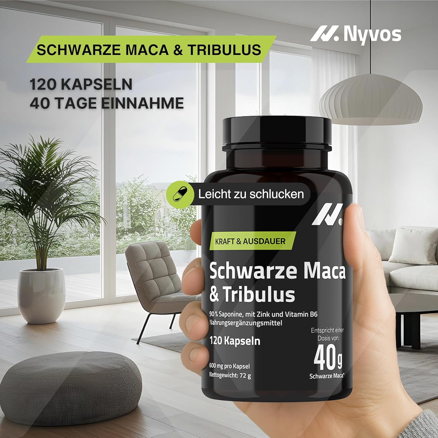 Ausdauer & Energie – Tribulus Terrestris 90% Saponins & Maca Black Capsules 40,000 mg High Dose - Formula for Energy, Vitality & Potency - with Zinc, Vitamin B6 & Maca Powder - 120 Vegan Capsules Nyvos – Bild 5