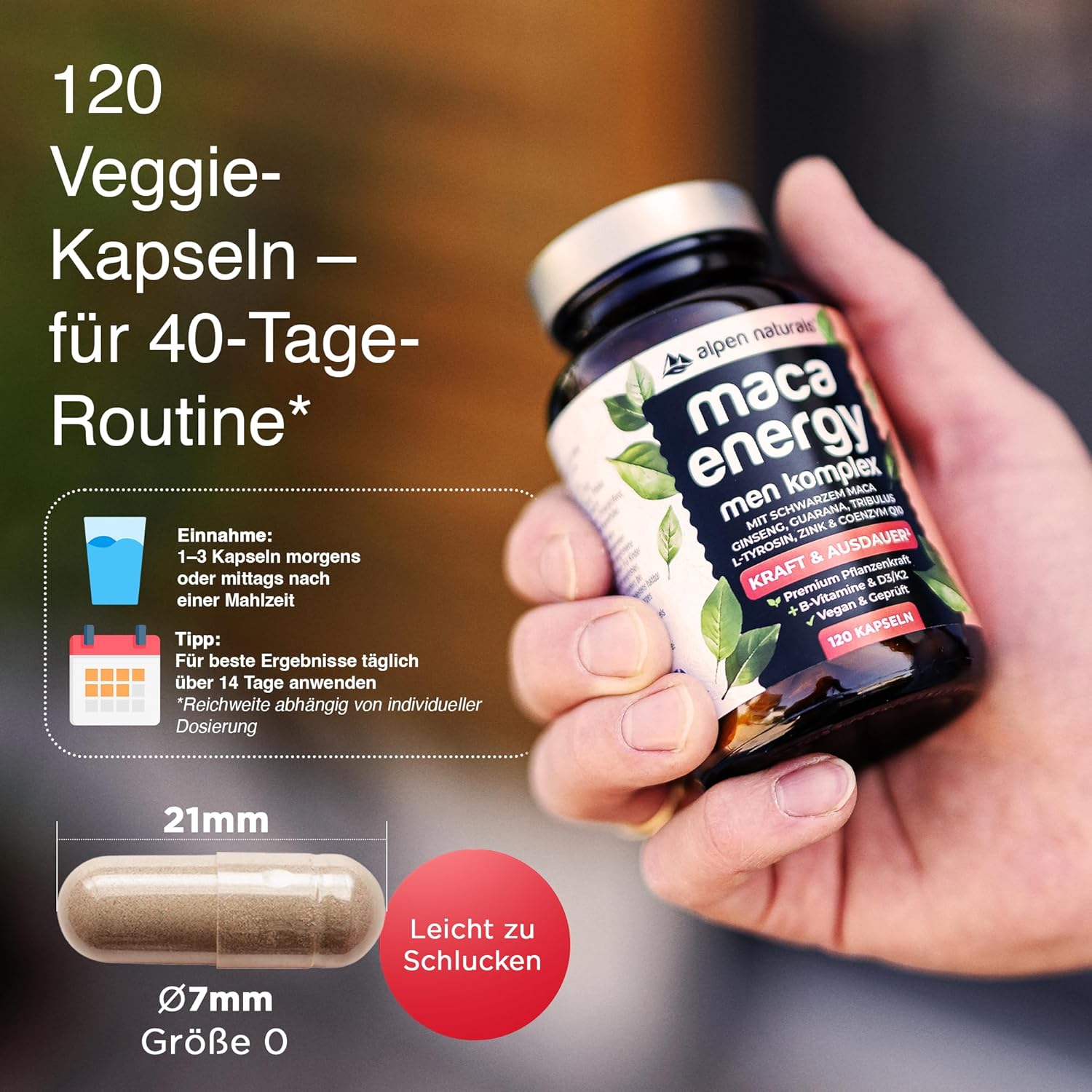 Ausdauer & Energie – Maca Energy Complex for Men - 120 Capsules with Maca, Ginseng, Guarana, Zinc & Coenzyme Q10 - High Dose, Vegan & Laboratory Tested - Made in Germany – Bild 3