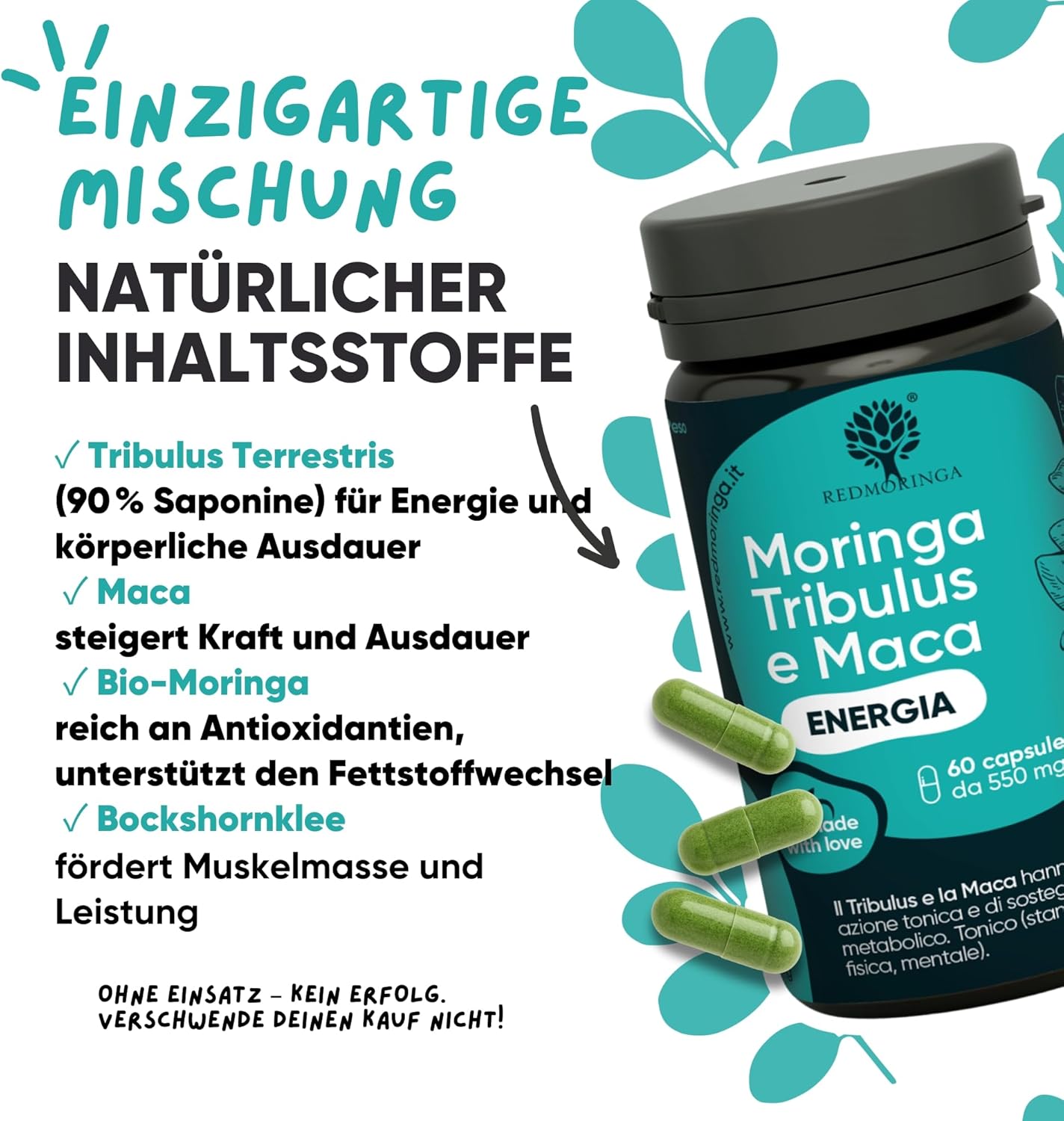 Ausdauer & Energie – RedMoringa Tribulus Terrestris, Maca & Organic Moringa Capsules - 90% Saponins Strength & Testosterone Booster - Support for Muscle Building & Libido | 60 Capsules – Bild 8