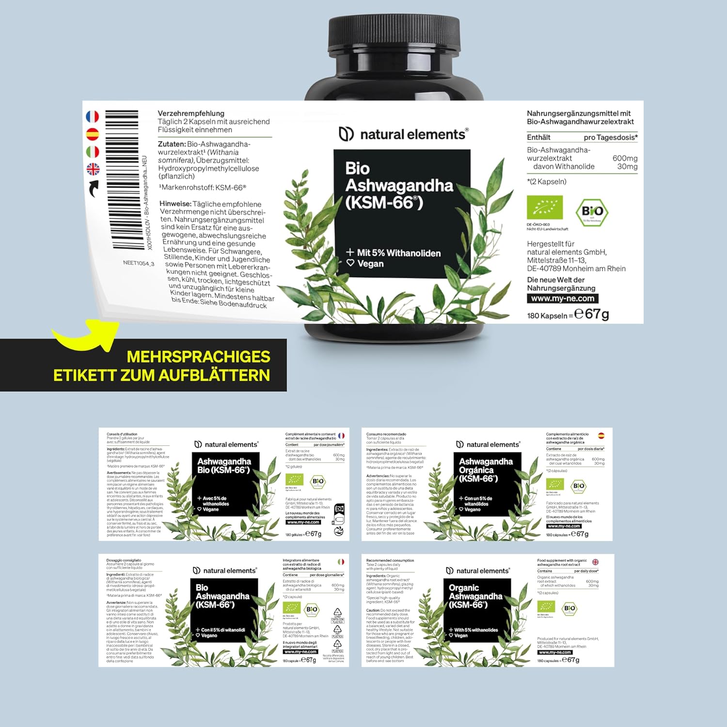 Ausdauer & Energie – natural elements Organic Ashwagandha - KSM-66 Premium Raw Material (180 Capsules with Above Average Range) - 5% Withanolide Content - Laboratory Tested, Vegan and High Dose – Bild 6