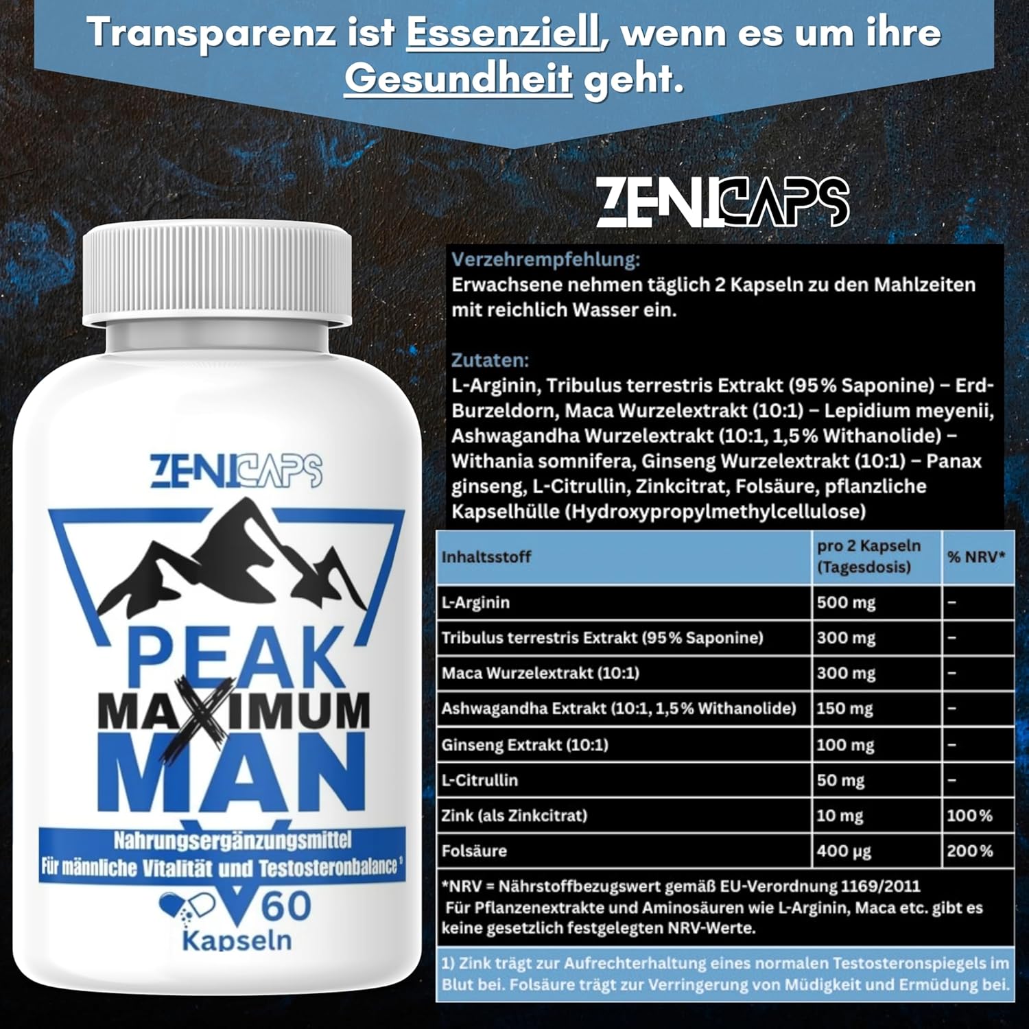 Potenzmittel & Standfestigkeit – Peak Maximum Man Original | For Active Men - With Zinc for Testosterone Levels* | Easy to Use | with L-Arginine, Tribulus Terrestris, Maca, Ashwaganda – Bild 2