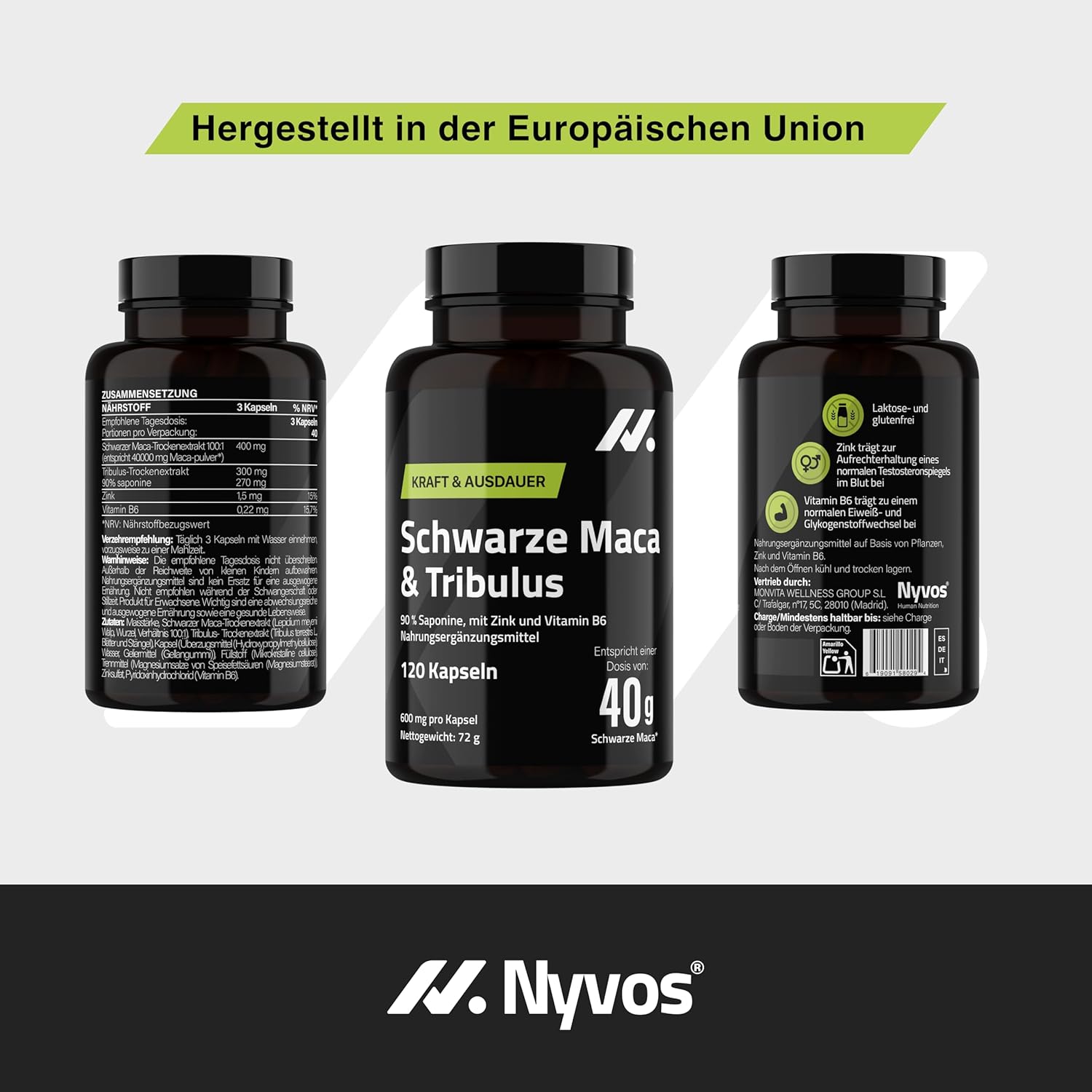 Ausdauer & Energie – Tribulus Terrestris 90% Saponins & Maca Black Capsules 40,000 mg High Dose - Formula for Energy, Vitality & Potency - with Zinc, Vitamin B6 & Maca Powder - 120 Vegan Capsules Nyvos – Bild 7