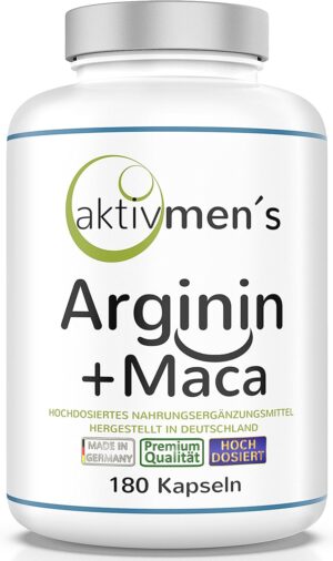 Potenzmittel & Standfestigkeit – Aktivmen Arginine + Maca High Dose – for Highly Active Men – Tested by Experts – 100% Vegan 180 Capsules, L-Arginine Base 3600 + Maca 6000 (Maca Root Extract 20:1) 1 Tin (1 x 140 g)