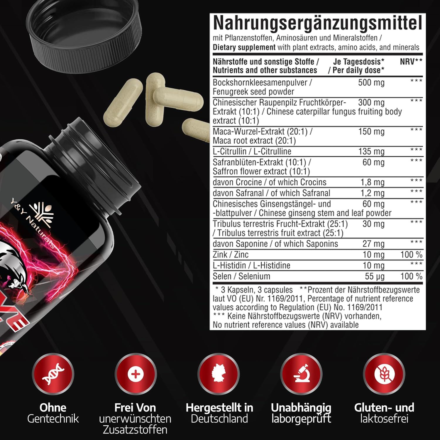 Ausdauer & Energie – Men's Testosterone¹ Capsules - 10-in-1 Complex High Dose with Zinc & Maca 20:1 Extract | Tribulus, Fenugreek, Cordyceps | Made in Germany | Laboratory Tested & Vegan – Bild 7