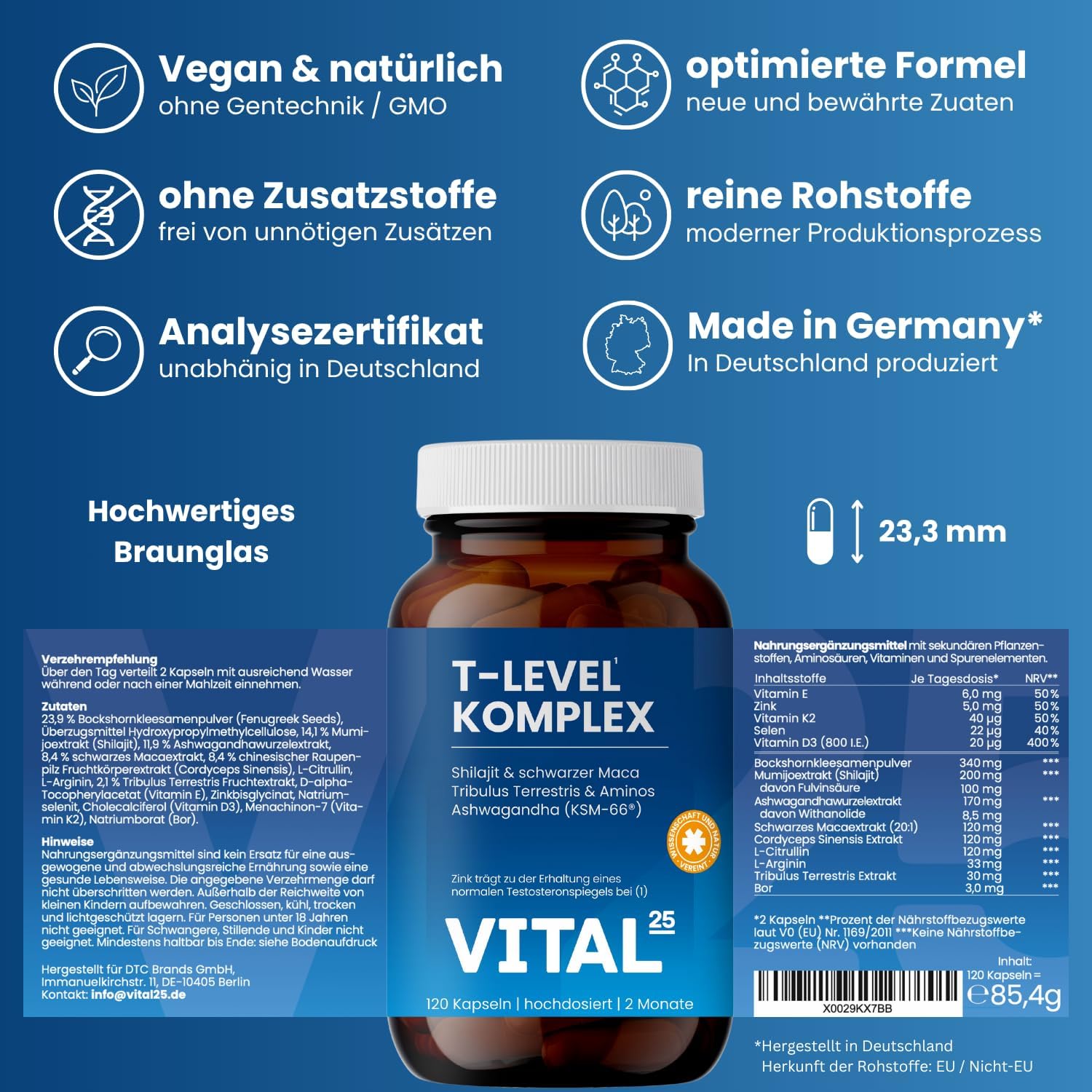 Ausdauer & Energie – T-Level Testosterone¹ Capsules - High Dose with Shilajit, Ashwagandha KSM-66, Maca Black, Fenugreek, Tribulus, Cordyceps, Boron, Aminos - Vegan - 120 Capsules for 2 Months - Vital25 – Bild 9
