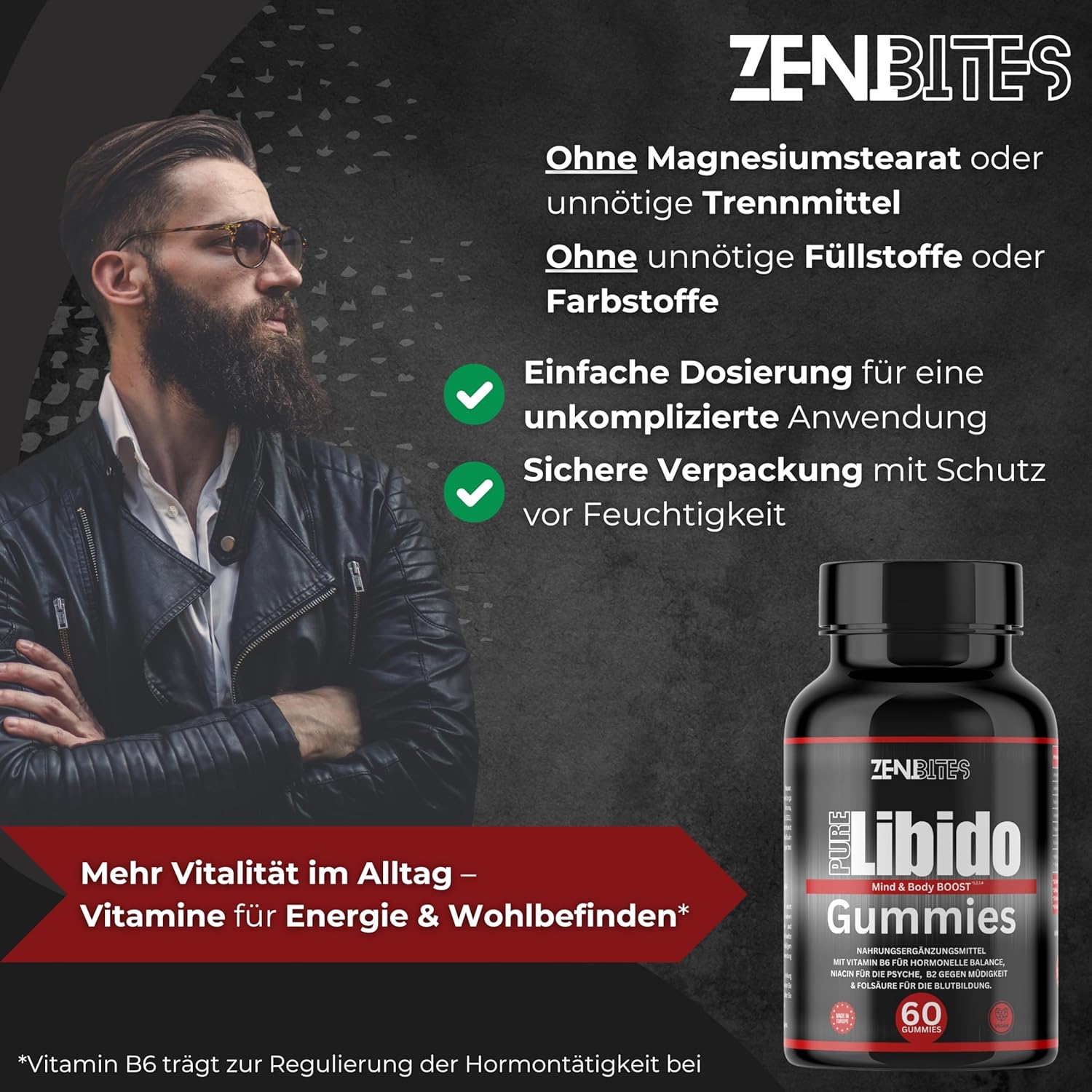 Ausdauer & Energie – Pure Libido Gummies, Vegan, Vegetable Booster for Men with Vitamin B6 for Hormonal Balance, Niacin for the Psyche, B2 Against Fatigue & Zinc for Normal Fertility – Bild 5