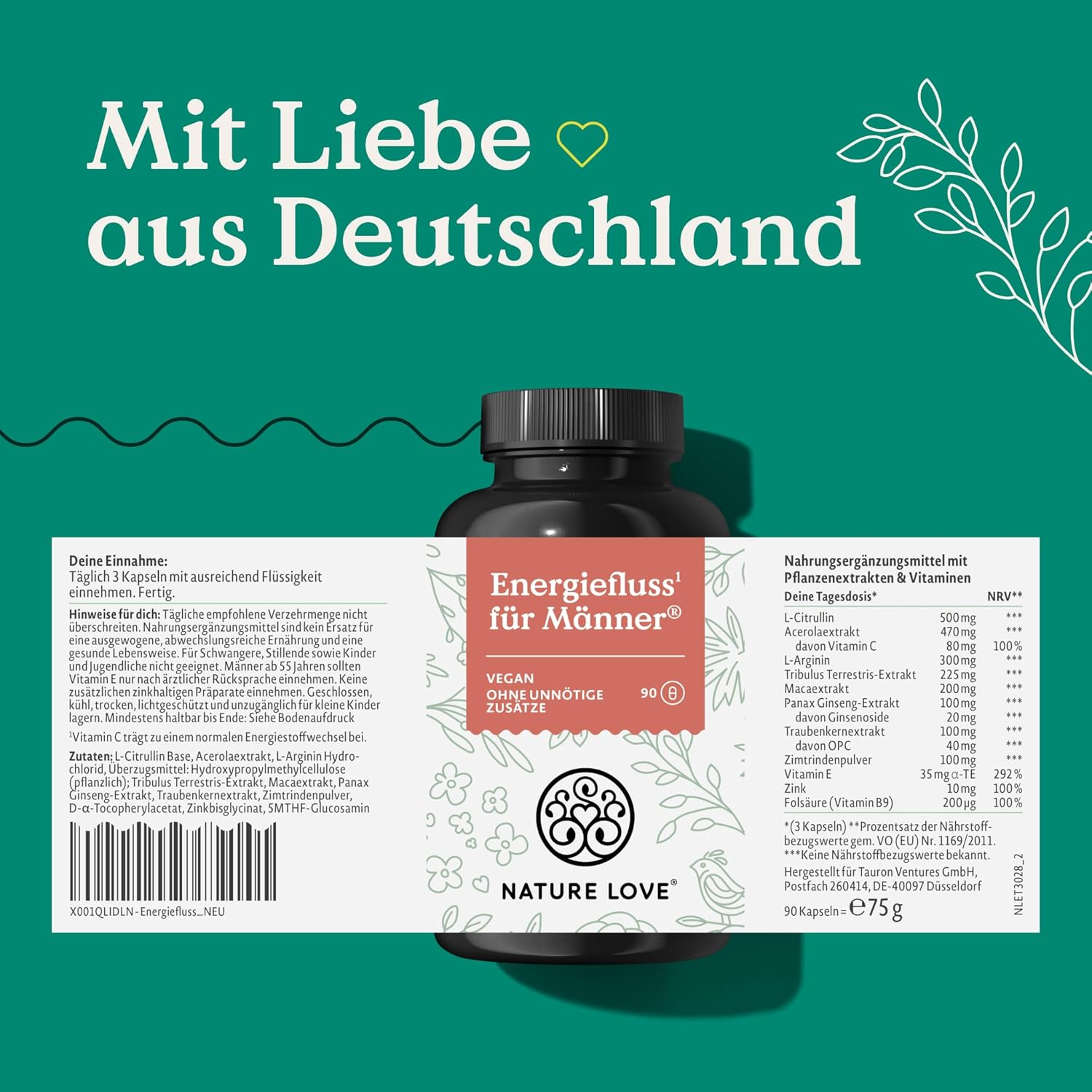 Ausdauer & Energie – Rote Kraft for Active Men by Nature Love - 90 Capsules. Laboratory tested. With L-Arginine, Tribulus Terrestris and Maca extract. High dose, vegan, made in Germany. – Bild 5