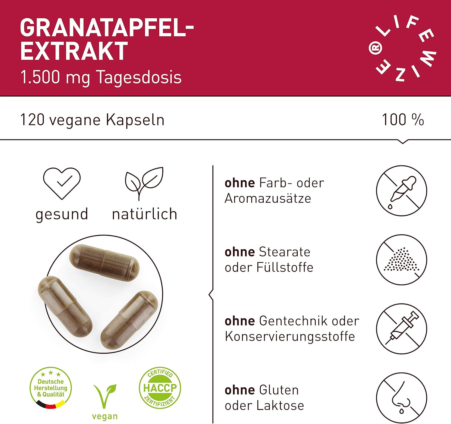 Ausdauer & Energie – LifeWize® Pomegranate Extract – 40% Ellagic Acid – 1500 mg High Dose per Daily Dose – 120 Capsules – Vegan & Made in Germany without Additives – Bild 2