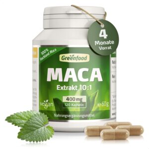 Ausdauer & Energie – Maca, root extract, high dose, 400 mg, 120 capsules, vegan. Original Highland Maca. Without artificial additives, laboratory tested. Greenfood.