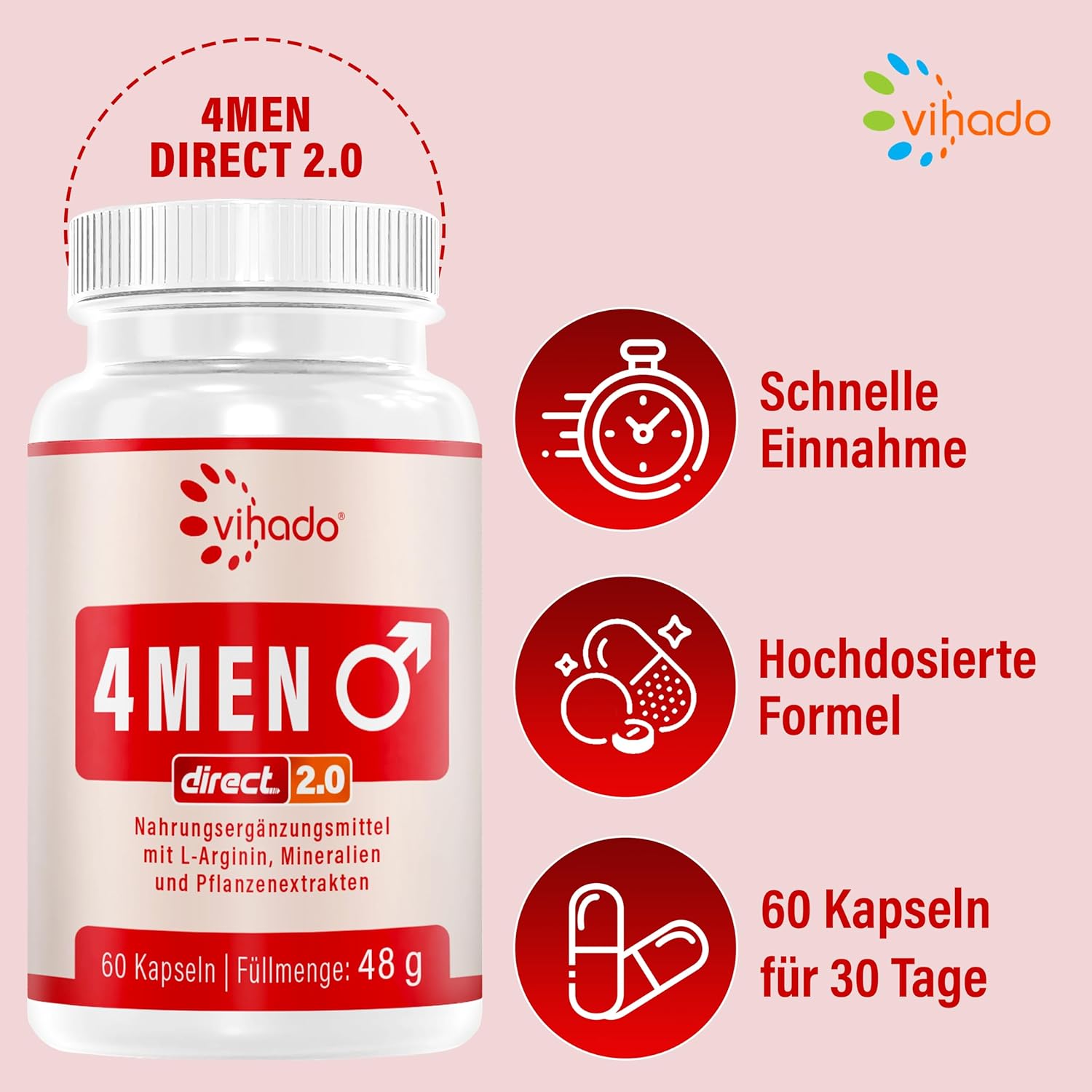 Potenzmittel & Standfestigkeit – Vihado 4MEN direct 2.0 Men's Capsules Extra Strong Instant Formula High Dose with L-Arginine, Maca, Tribulus Terrestris, Ginseng, 60 Capsules – Bild 4