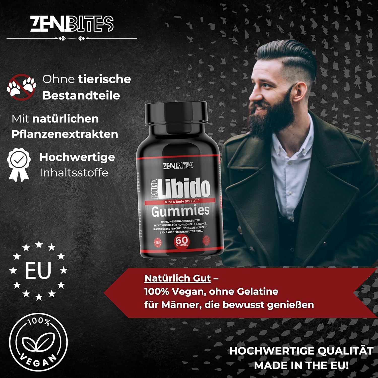 Ausdauer & Energie – Pure Libido Gummies, Vegan, Vegetable Booster for Men with Vitamin B6 for Hormonal Balance, Niacin for the Psyche, B2 Against Fatigue & Zinc for Normal Fertility – Bild 4