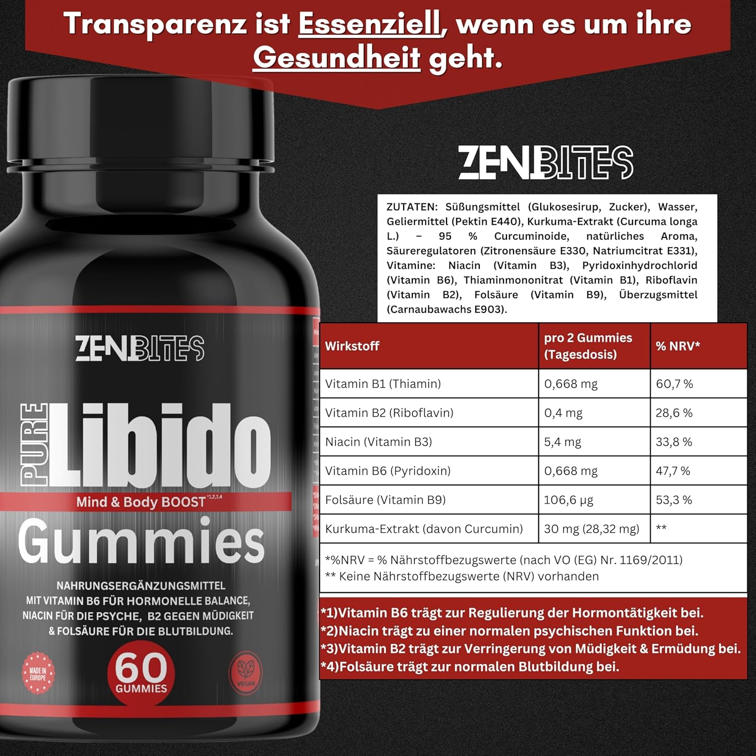 Ausdauer & Energie – Pure Libido Gummies, Vegan, Vegetable Booster for Men with Vitamin B6 for Hormonal Balance, Niacin for the Psyche, B2 Against Fatigue & Zinc for Normal Fertility – Bild 2