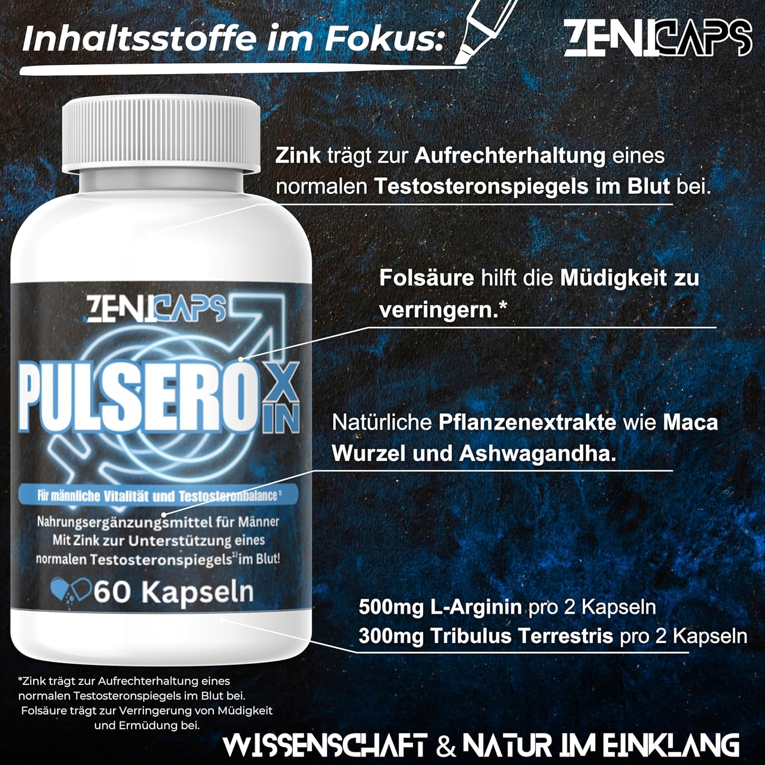 Potenzmittel & Standfestigkeit – PULSEROXIN Capsules Original | For the Active Man - with Zinc for Testosterone Level* | Easy to Use | with L-Arginine, Tribulus Terrestris, Maca, Ashwaganda (60 Capsules) – Bild 3