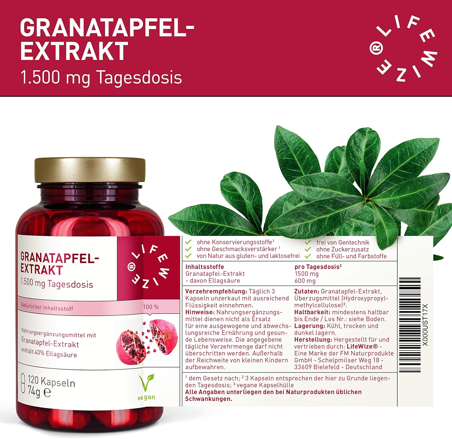 Ausdauer & Energie – LifeWize® Pomegranate Extract – 40% Ellagic Acid – 1500 mg High Dose per Daily Dose – 120 Capsules – Vegan & Made in Germany without Additives – Bild 6