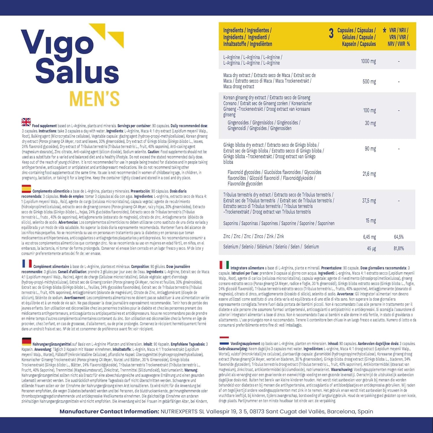 Ausdauer & Energie – VIGOSALUS for Men - Maca, L Arginine, Tribulus Terrestris, Ginkgo Biloba, Zinc, Ginseng, Selenium - 90 Capsules – Bild 2