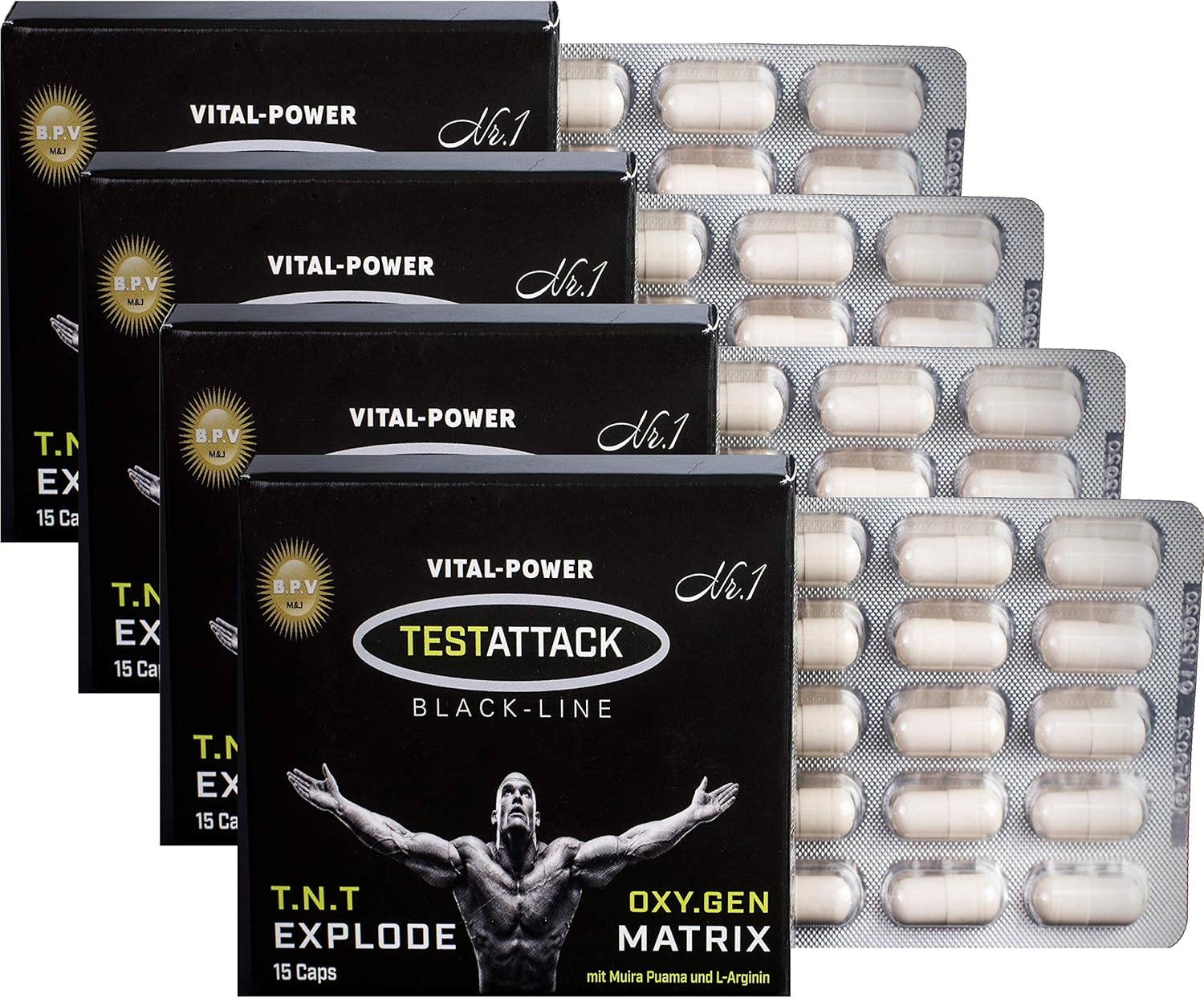 Ausdauer & Energie – B.P.V - Testattack 60 Capsules = 32 g - Hardcore Training Booster - High Dose Combination Product Perfect for Athletes and Active Men - For Lust - Love - Passion and More