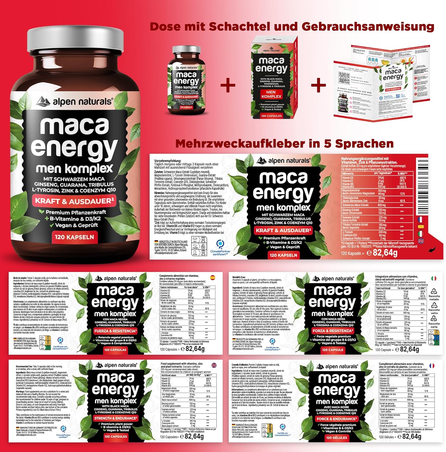 Ausdauer & Energie – Maca Energy Complex for Men - 120 Capsules with Maca, Ginseng, Guarana, Zinc & Coenzyme Q10 - High Dose, Vegan & Laboratory Tested - Made in Germany – Bild 6