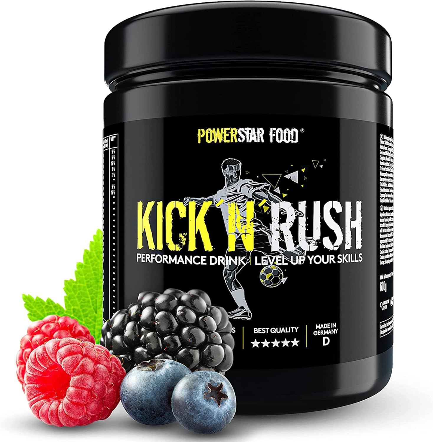 Ausdauer & Energie – Powerstar Kick'N'Rush Wild Berry 600 g Pre-Workout Booster for Football & Other Ball Sports, Made in Germany, Fitness Powder with Electrolytes & Caffeine, Energy & Endurance in Training