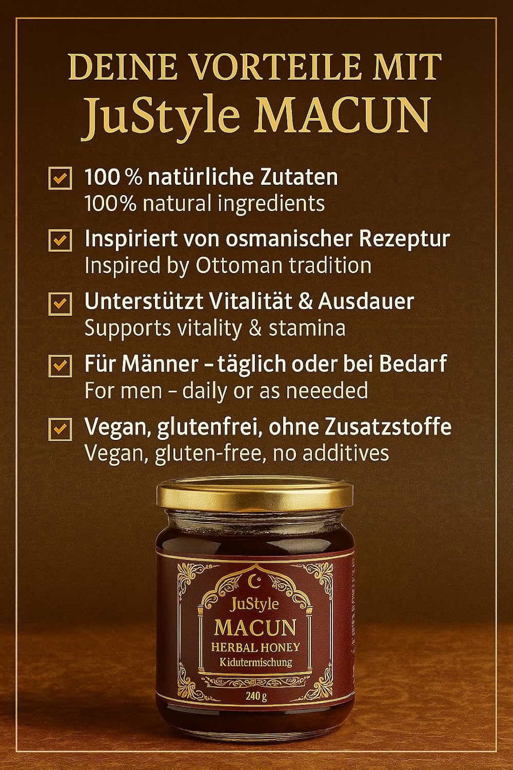 Potenzmittel & Standfestigkeit – Macun - Natural Herbal Paste for Long-Lasting Energy and Vitality - High Dose with Ginkgo, Ginseng, Flower Honey and Ginger - Instant Effect for Active Men (4) – Bild 4