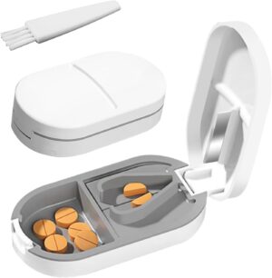 Potenzmittel & Standfestigkeit – Tablet Divider for All Tablets, Tablet Cutter for Small and Large Pills, 2-in-1 Tablet Cutter with Storage Compartment & Blades, Tablet Splitter Pill Cutter, White