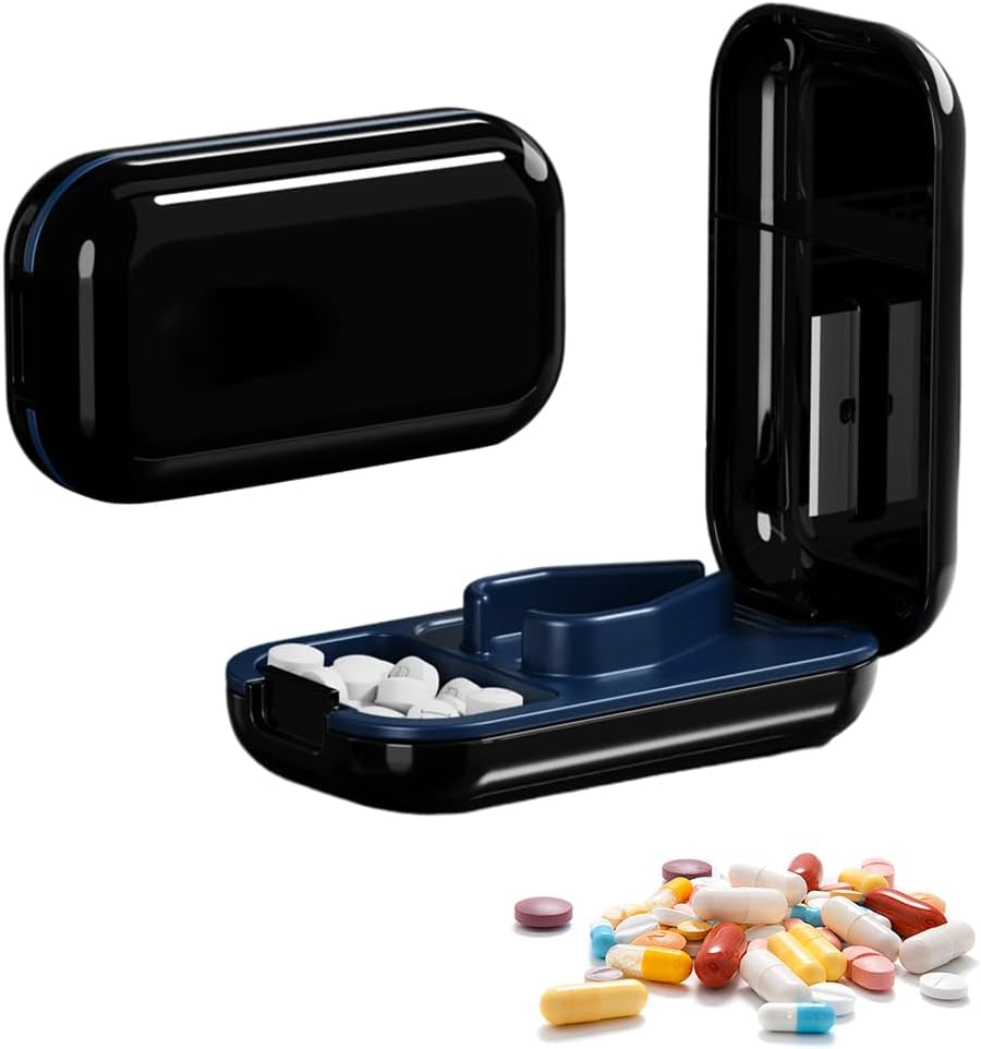 Potenzmittel & Standfestigkeit – Tablet Divider with Storage Compartment, Portable Tablet Divider for Small Tablets and Large, Pill Divider and Multiple Pill Cutter for Travel & Pet, Daily Use (Black)