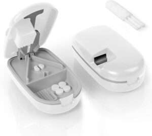 Potenzmittel & Standfestigkeit – Tablet Divider, Pill Divider for Small and Large Tablets, Tablet Cutter with Storage Compartment, Pill Cutter with Sharp Blades for Travel & Daily Use (Grindable Tablets)