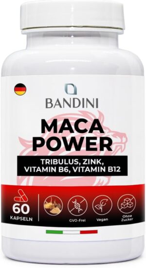 Potenzmittel & Standfestigkeit – Bandini Maca Power 60 Capsules (Black) Maca 4:1 Extract with Tribulus Terrestris + Arginine + Zinc + B6 + B12 | Immune System, Stress, Fatigue | Laboratory Tested, High Dose, Vegan, No Additives
