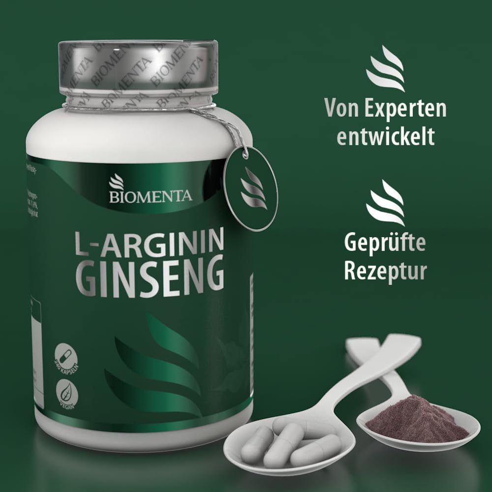 Potenzmittel & Standfestigkeit – BIOMENTA Arginine Ginseng - 240 Amino Acid Capsules High Dose - Active Ingredient Complex with L-Arginine, Ginseng Root, Maca, Tribulus Terrestris, Zinc, Selenium - Vegan - Premium Quality – Bild 6