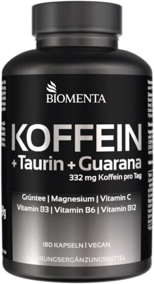 Ausdauer & Energie – Biomenta® Energy Booster with Taurine Guarana and Caffeine + Green Tea + Vitamin C + B Vitamins + Magnesium – 90 Caffeine Tablets | Vegan | for Active Men and Women