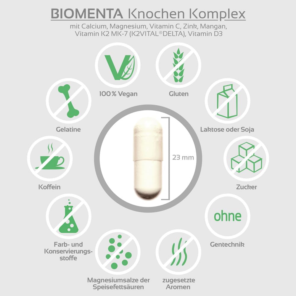 Potenzmittel & Standfestigkeit – BIOMENTA Bone Complex - 120 Vegan, High Dose Bone Capsules with Calcium + Vitamin K2 MK-7, D3, C + Magnesium + Zinc + Manganese - Premium Quality – Bild 3