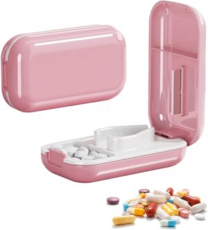 Potenzmittel & Standfestigkeit – Tablet Divider for Small Tablets and Large, Portable Tablet Divider with Storage Compartment for Tablets, Pill Cutter with Sharp Blades for Travel and Daily Use (Pink)
