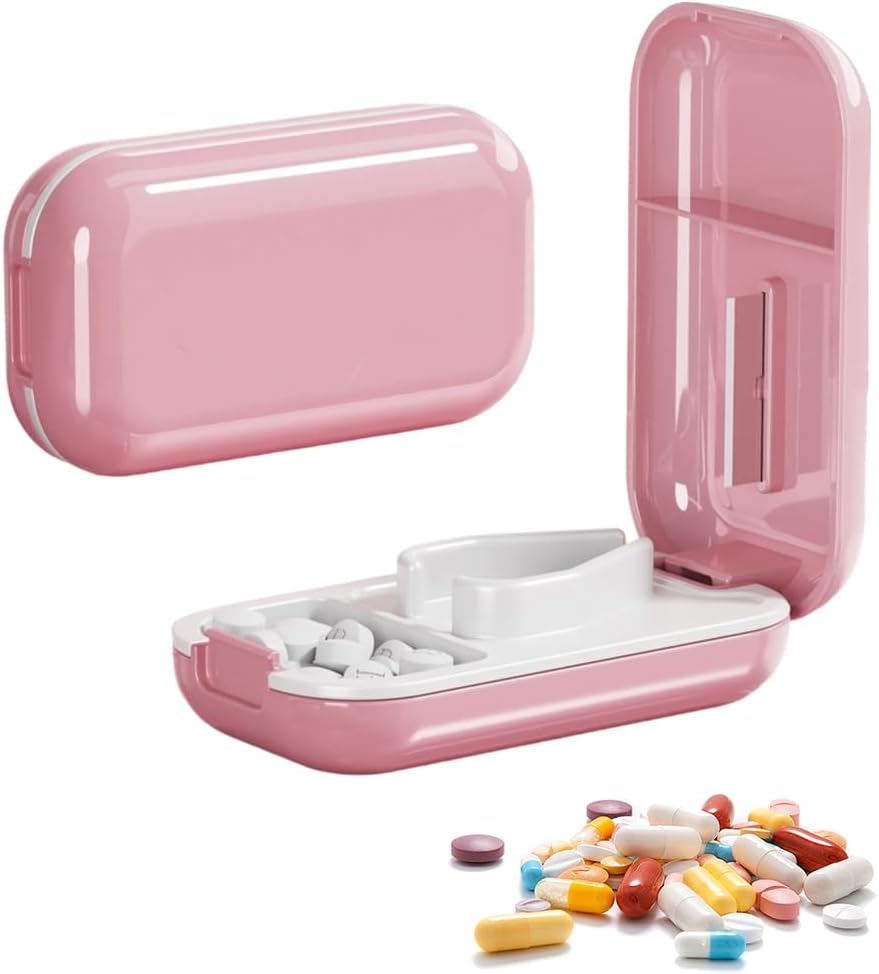 Potenzmittel & Standfestigkeit – Tablet Divider for Small Tablets and Large, Portable Tablet Divider with Storage Compartment for Tablets, Pill Cutter with Sharp Blades for Travel and Daily Use (Pink)
