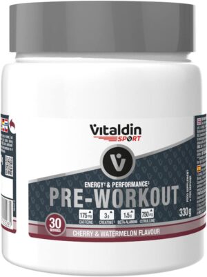 Ausdauer & Energie – VITALDIN SPORT Energy & Performance Pre Workout - Booster with Caffeine, Creatine, Amino Acids & Vitamins - Improves Performance and Muscle Recovery; Cherry & Watermelon - 330g Powder
