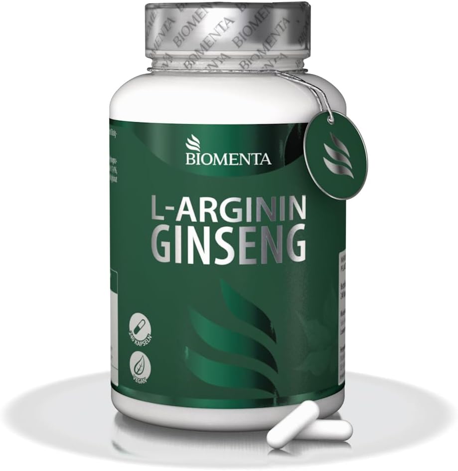 Potenzmittel & Standfestigkeit – BIOMENTA Arginine Ginseng - 240 Amino Acid Capsules High Dose - Active Ingredient Complex with L-Arginine, Ginseng Root, Maca, Tribulus Terrestris, Zinc, Selenium - Vegan - Premium Quality