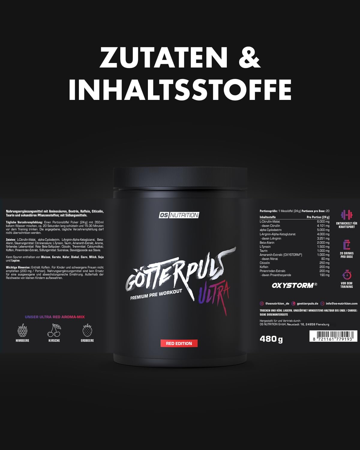 Ausdauer & Energie – OS NUTRITION Götterpuls Ultra Pre Workout Booster, Powder (480 g, Red Edition) – Bild 8