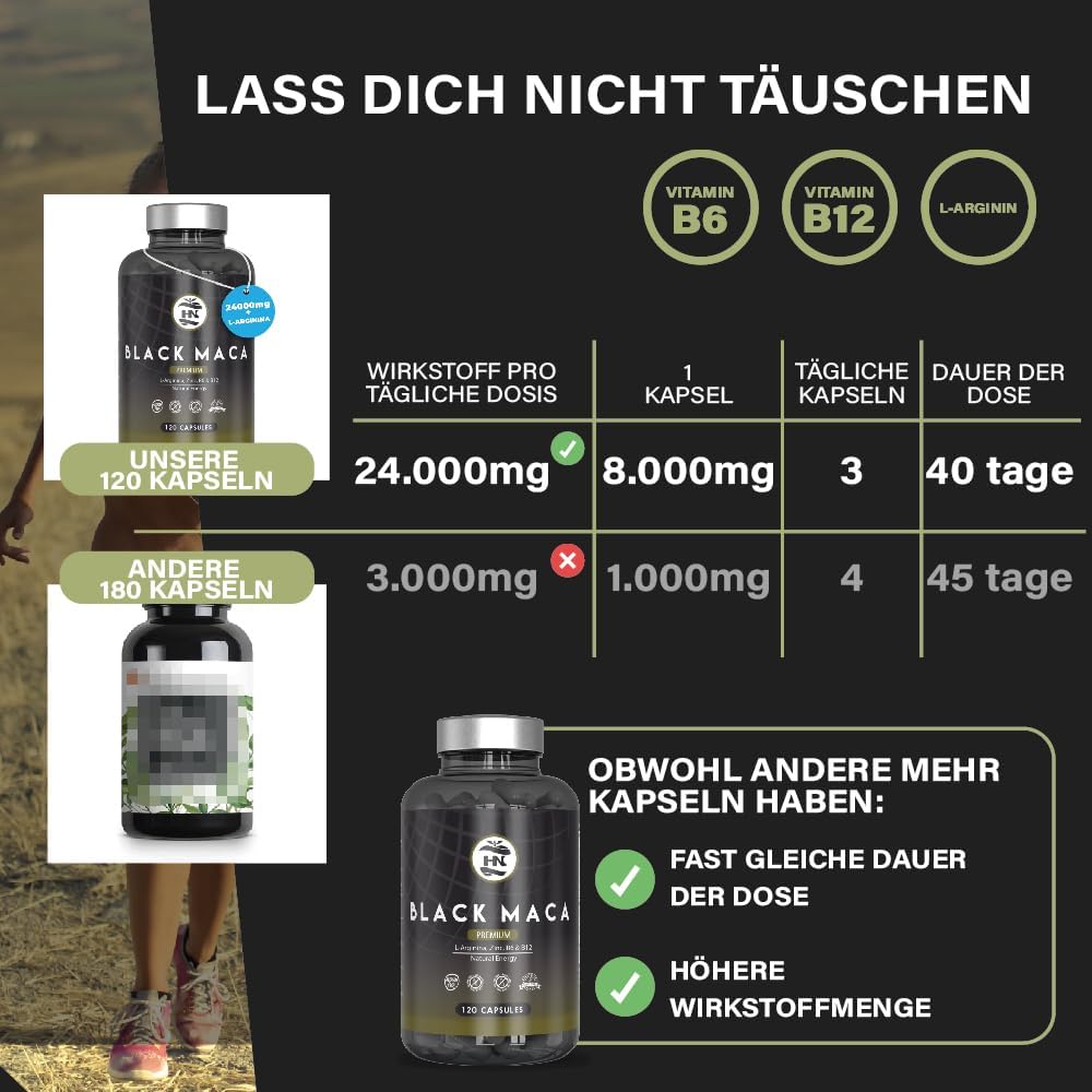 Potenzmittel & Standfestigkeit – Maca Capsules with L Arginine High Dose. Maca Root 20:1 Equivalent to 24000 mg for Maximum Energy and Performance, Black Maca with Vitamins B6 and B12, Black Maca for Men and Women (120 Capsules) – Bild 4