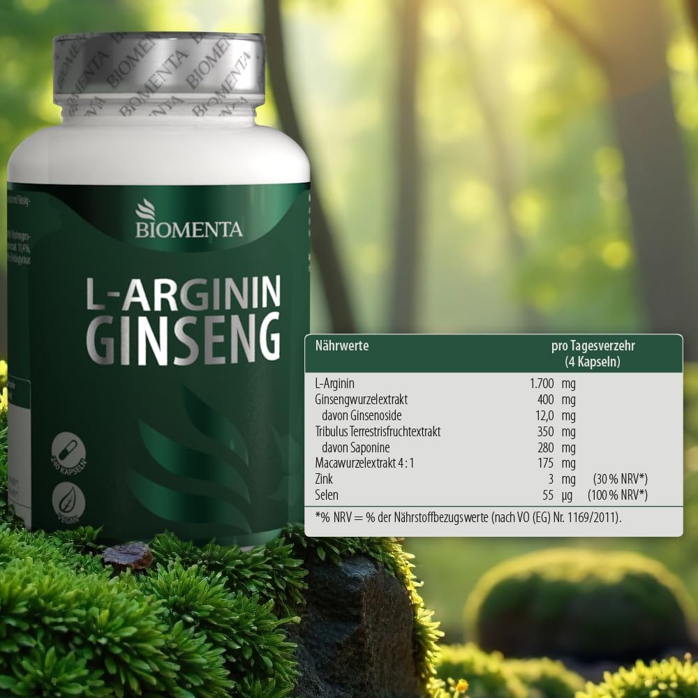 Potenzmittel & Standfestigkeit – BIOMENTA Arginine Ginseng - 240 Amino Acid Capsules High Dose - Active Ingredient Complex with L-Arginine, Ginseng Root, Maca, Tribulus Terrestris, Zinc, Selenium - Vegan - Premium Quality – Bild 8