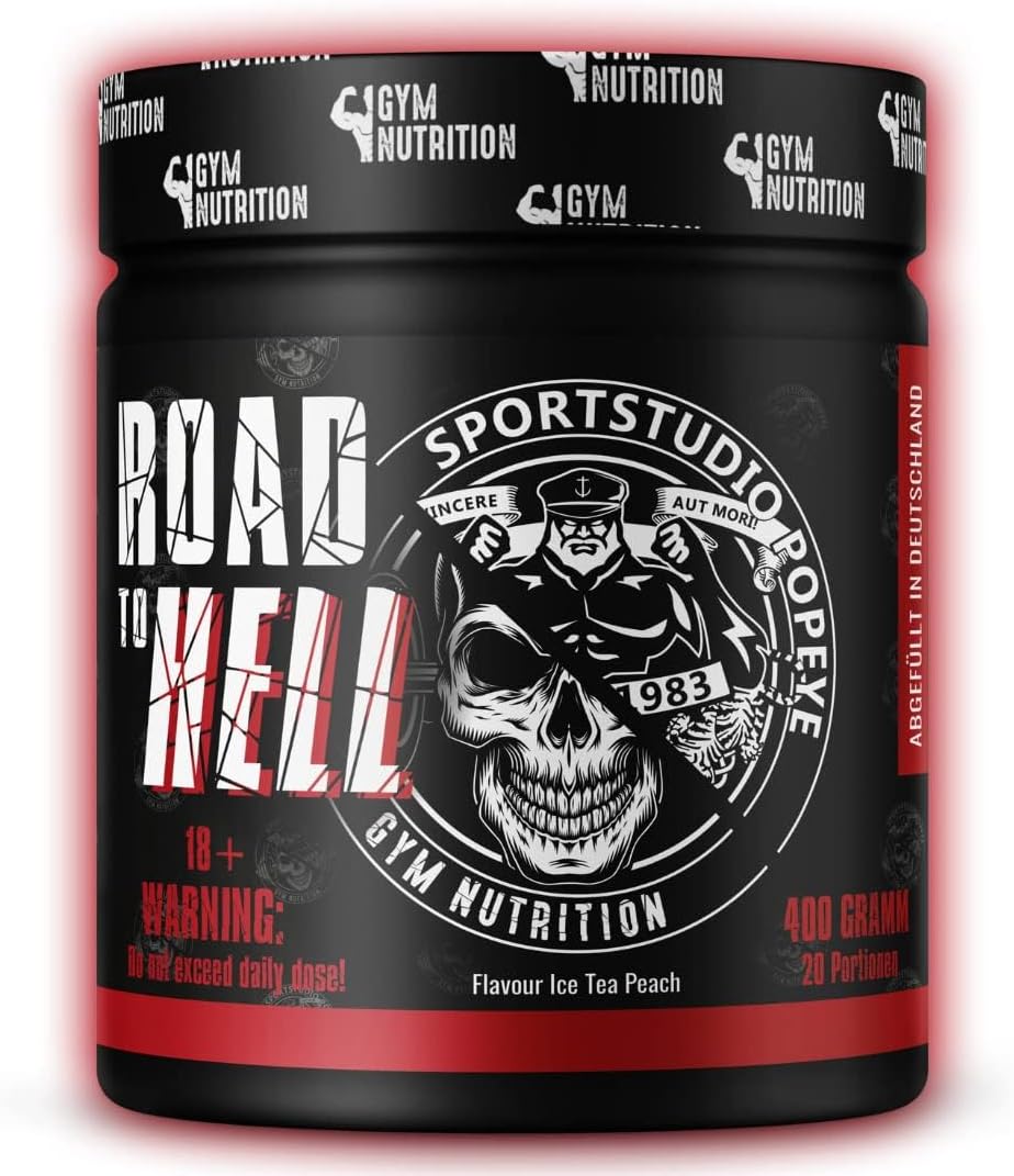 Ausdauer & Energie – Road to Hell Ultra Hardcore Booster Pre Workout Powder ATP + L-Arginine + Citrulline + Beta Alanine + Caffeine 400 g in Collaboration with Sports Studio Popeye Ice Tea Peach Flavour Vegan
