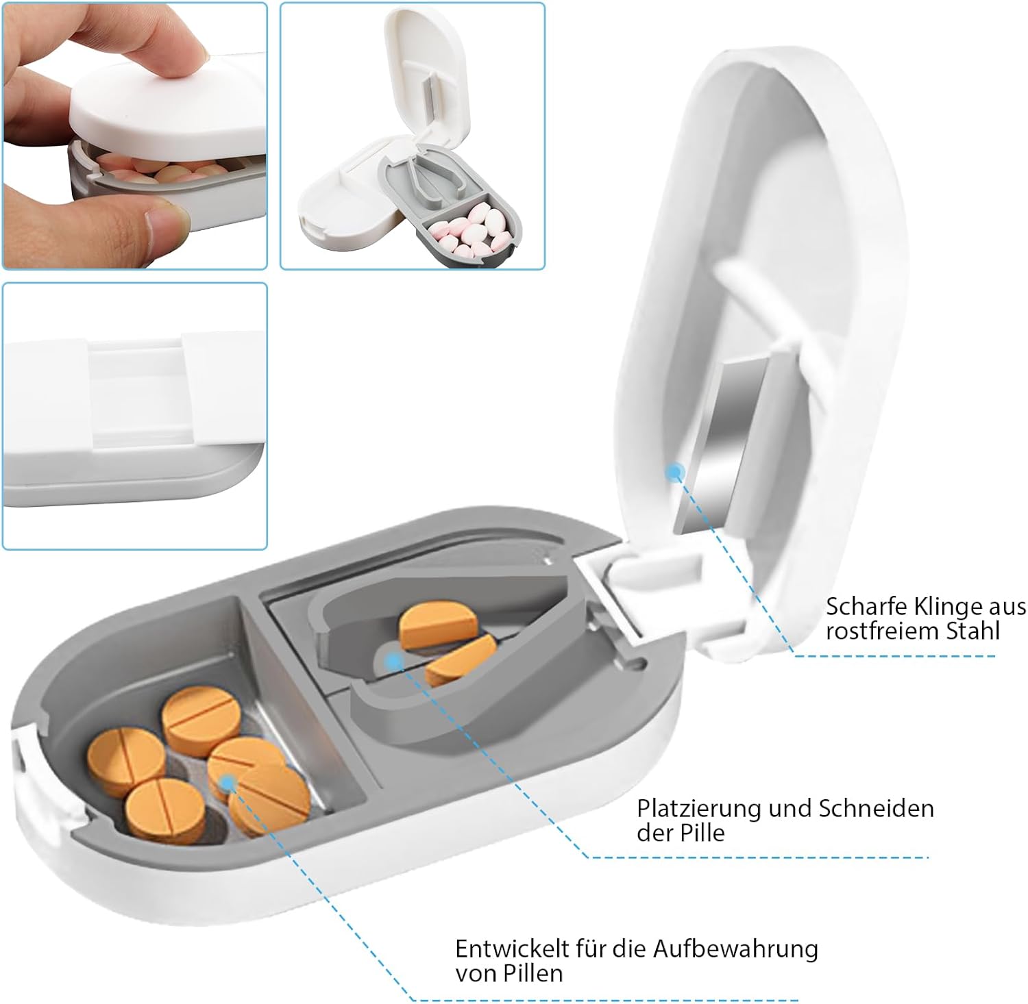 Potenzmittel & Standfestigkeit – Tablet Divider for All Tablets, Tablet Cutter for Small and Large Pills, 2-in-1 Tablet Cutter with Storage Compartment & Blades, Tablet Splitter Pill Cutter, White – Bild 2