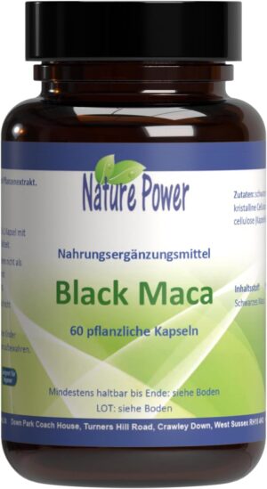 Potenzmittel & Standfestigkeit – Black Maca - for Men - 60 Vegetable Capsules - in a Tin - GMO Free and Vegan - by NATURE POWER