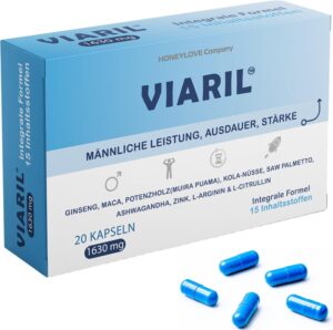 Potenzmittel & Standfestigkeit – VIARIL - 20 Extra Strong Blue Capsules | For Active Men with Immediate Effect and Long-Term Effect | High Dose with 13 Active Ingredients (1630 mg), Including Muira Puama, Ginseng, Maca, L-Arginine