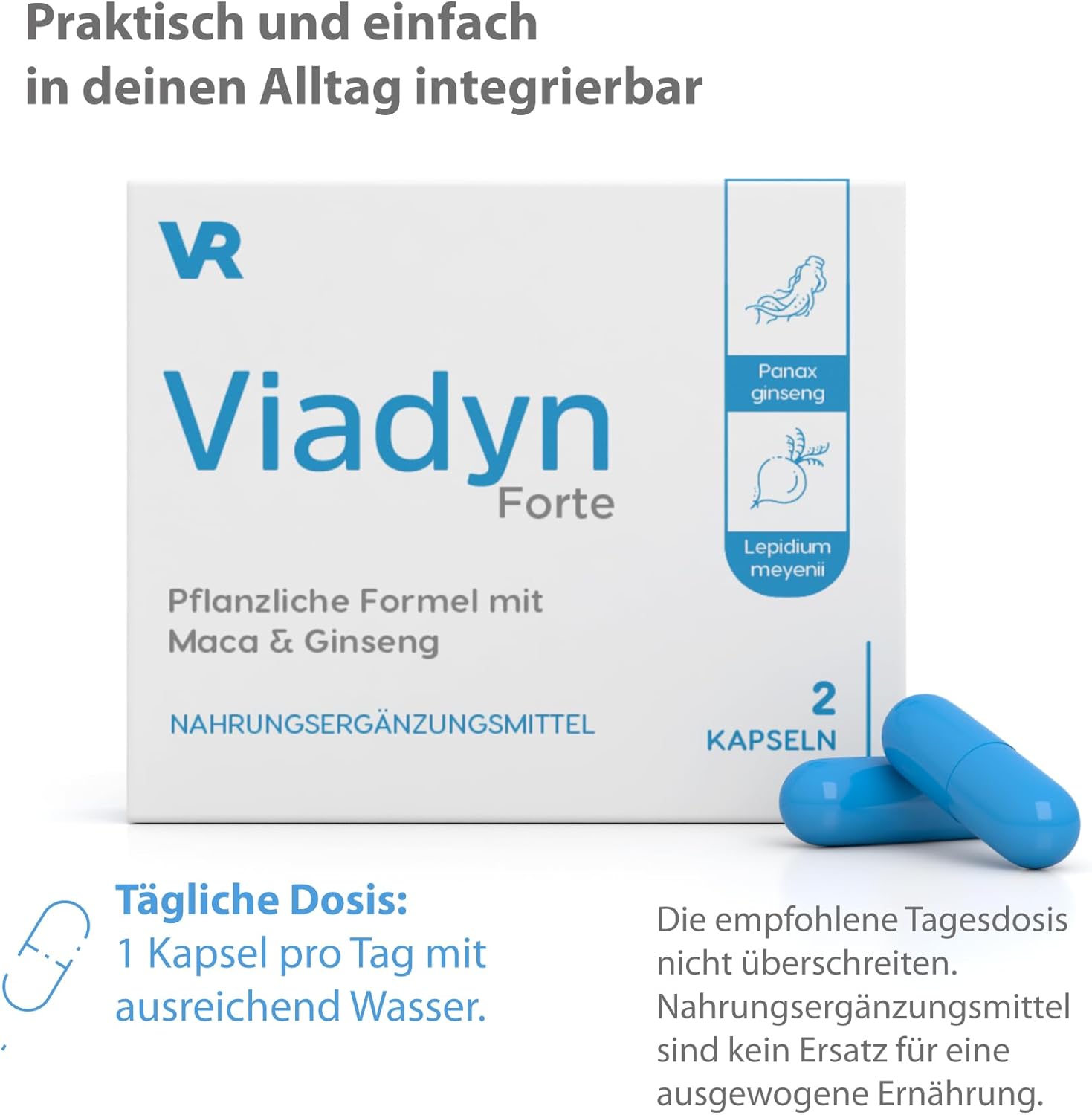 Potenzmittel & Standfestigkeit – Viadyn - Dietary Supplement for Men with Maca, Ginseng & Tribulus - Vegetable Formula for Vitality & Wellbeing - Made in EU (2 Capsules) – Bild 3