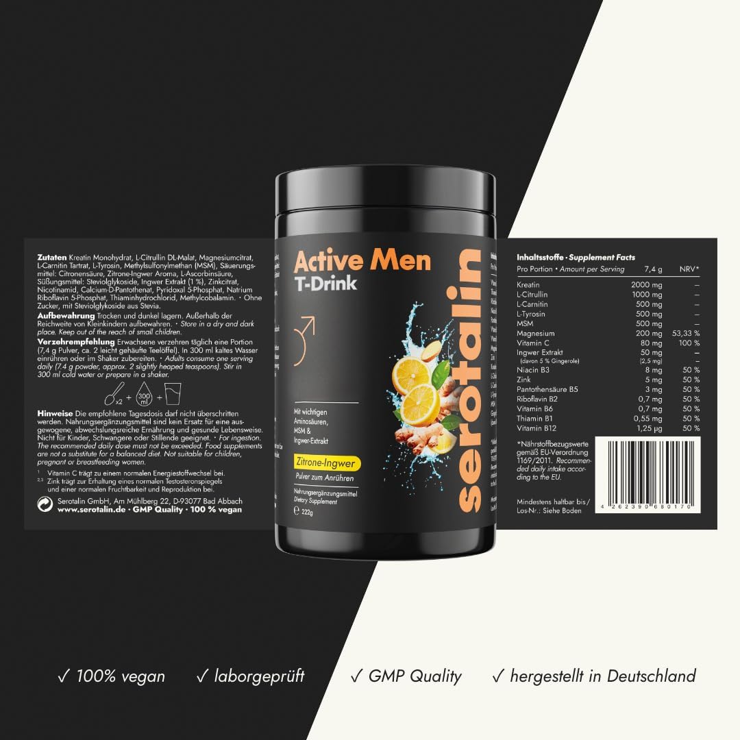 Ausdauer & Energie – Serotalin Active Men Testo All-in-One Bundle for Men, 60 Capsules with Maca & Shilajit + T-Vital Drink with Creatine & L-Citrulline, for Sports and Everyday Use – Bild 3