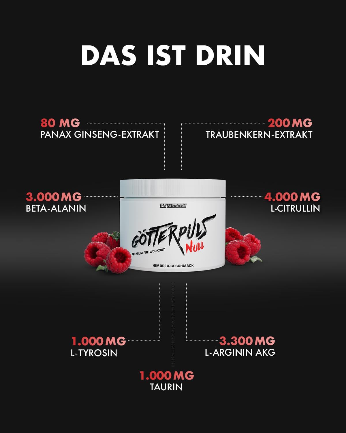 Ausdauer & Energie – OS NUTRITION Götterpuls NULL Caffeine-free Premium Pre Workout Booster Raspberry Powder, 300 g – Bild 4