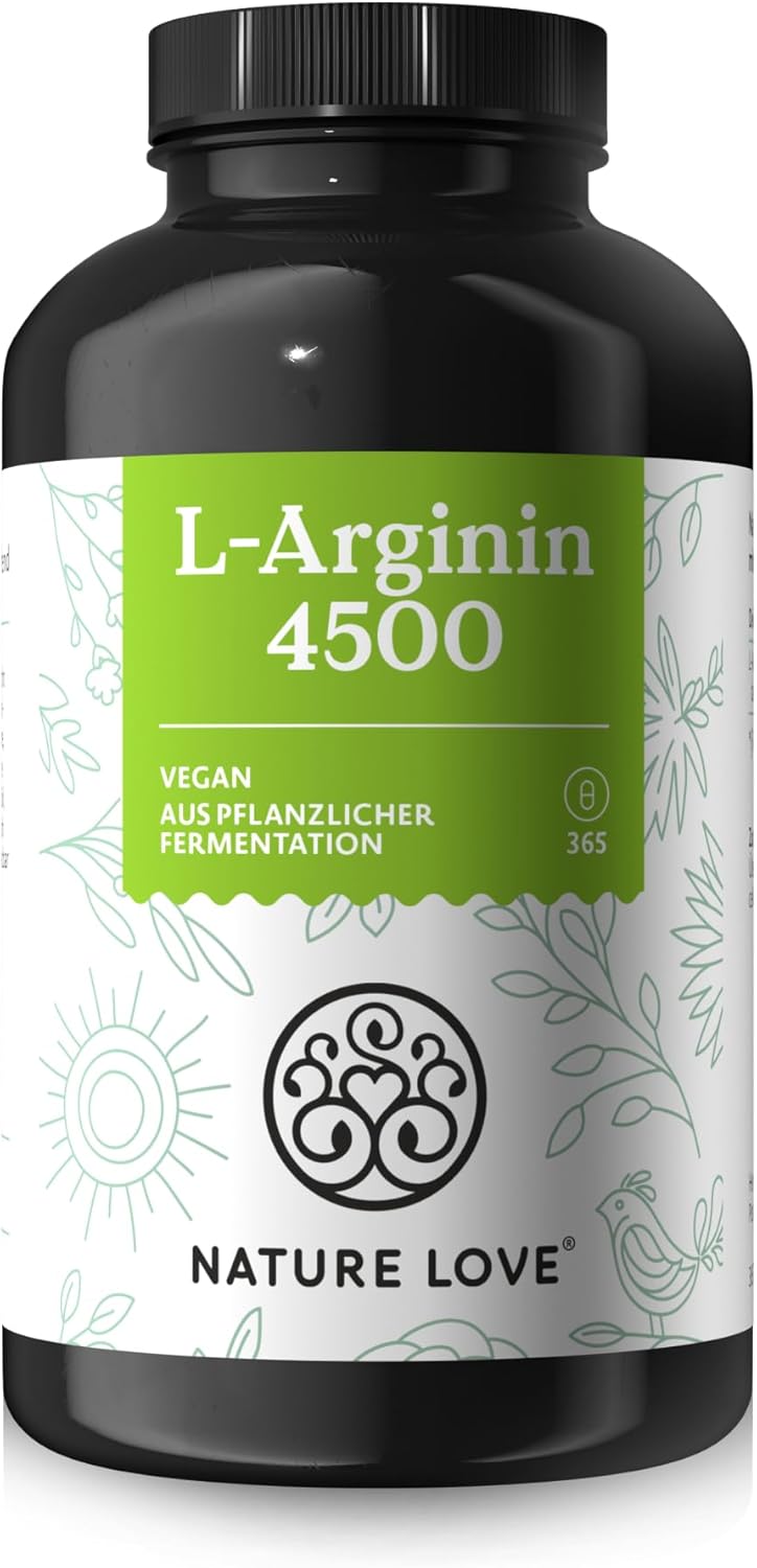 Potenzmittel & Standfestigkeit – NATURE LOVE® L-Arginine – comparison winner 2019 – 365 vegan capsules High dosage: 4500 mg L-Arginine HCL (=3750mg pure L-Arginin) per daily dose. Vegetable fermentation. Made in Germany.