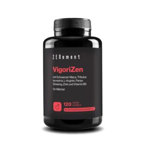 Potenzmittel & Standfestigkeit – VigoriZen with Black Maca, Tribulus Terrestris, L-Arginine, Ginseng, Zinc and Vitamin B6 - Testosterone & Energy Metabolism for Men - 120 Vegan Capsules - Zenement