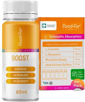 Ausdauer & Energie – FOODFOR ATP BOOSTer Shot - 60 ml - Fast Absorption, Energy, Anti-Stress & Endurance Support - L-Carnitine, L-Glutamine, Rhodiola Rosea, Natural Caffeine - Sugar Free, Vegan, Pack of 6