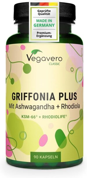 Ausdauer & Energie – Vegavero 5-HTP Capsules Made from Griffonia with Ashwagandha KSM-66 and Rhodiola Rosea Rhodiolife, Adaptogenic Complex, Laboratory Tested, No Additives, German Production